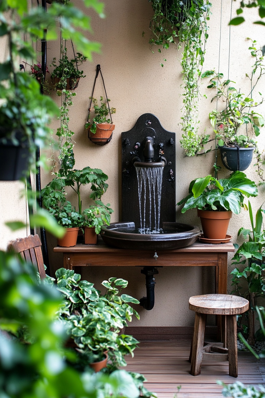 A small water fountain sits on a wooden table in th 7