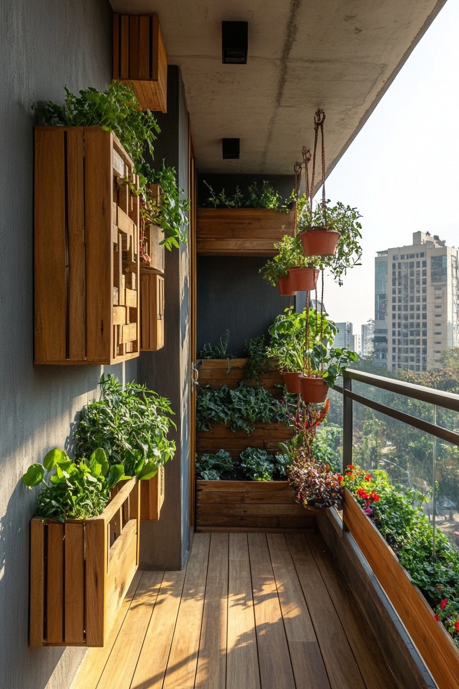 A_balcony_garden_with_wooden_planters_and_hanging_p_