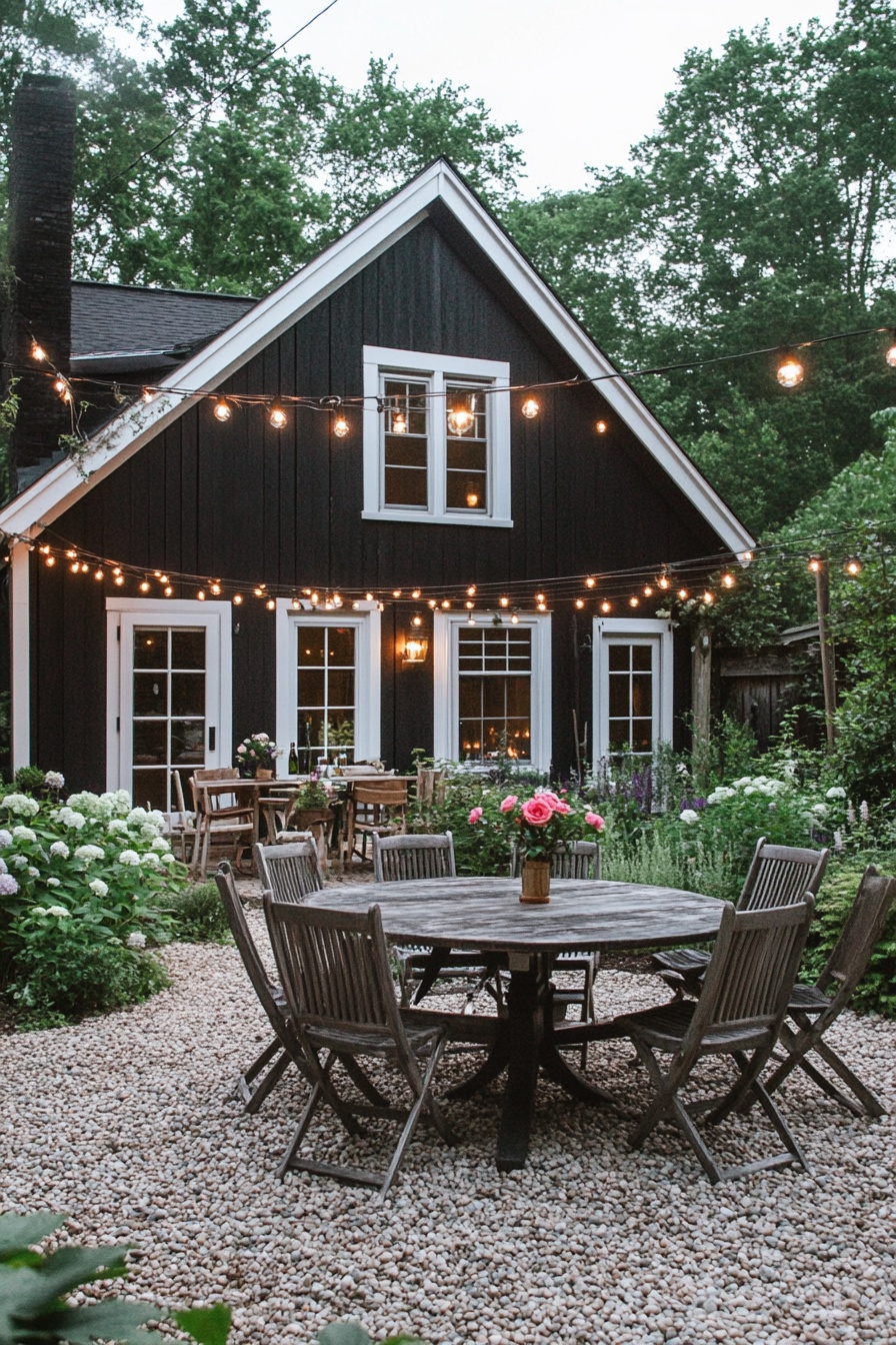 A_black_farmhouse_with_white_trim_surrounded_by_lus_