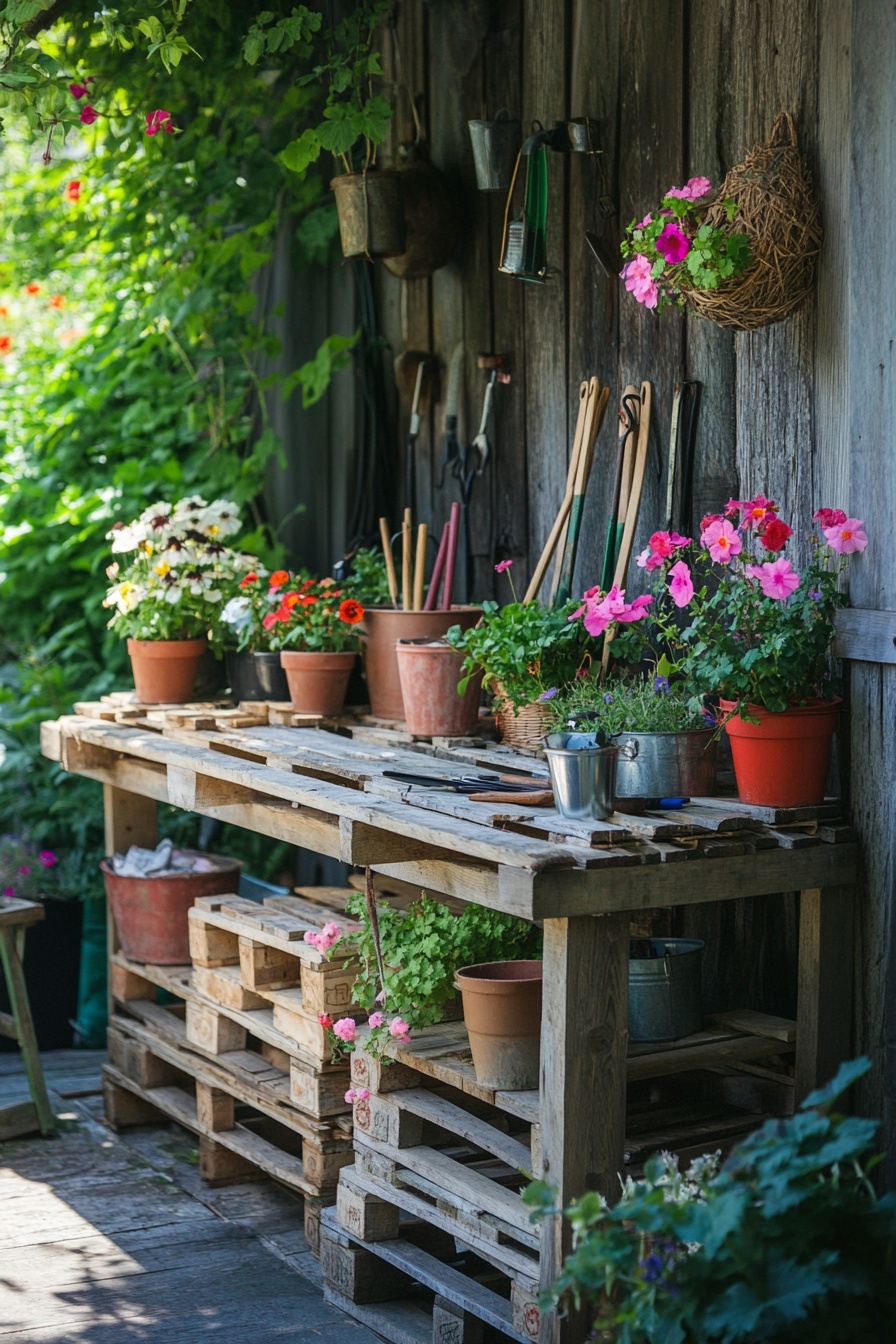 A_garden_workbench_made_from_pallets_with_gardening_