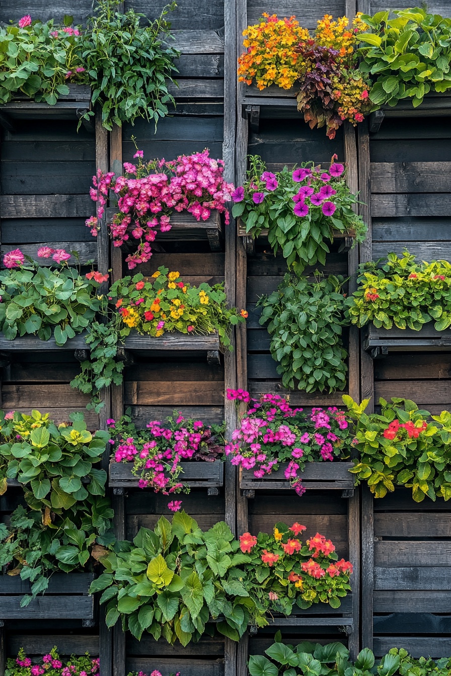 A_wall_of_wooden_pallets_with_different_plants_and__