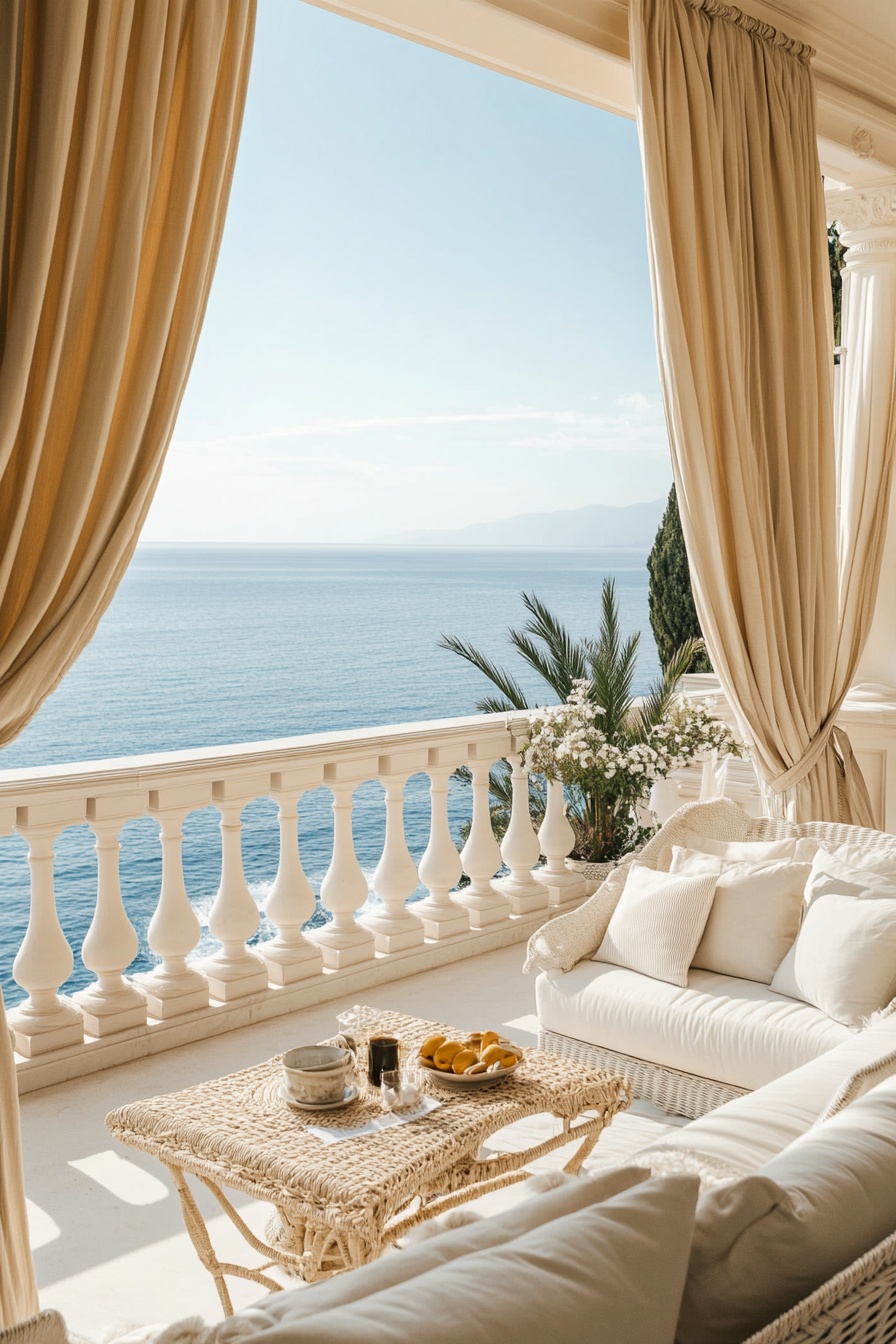 An elegant balcony with beige curtains and white fu e