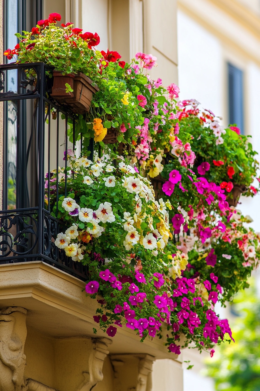 Colorful flowers in hanging baskets on the balcony d