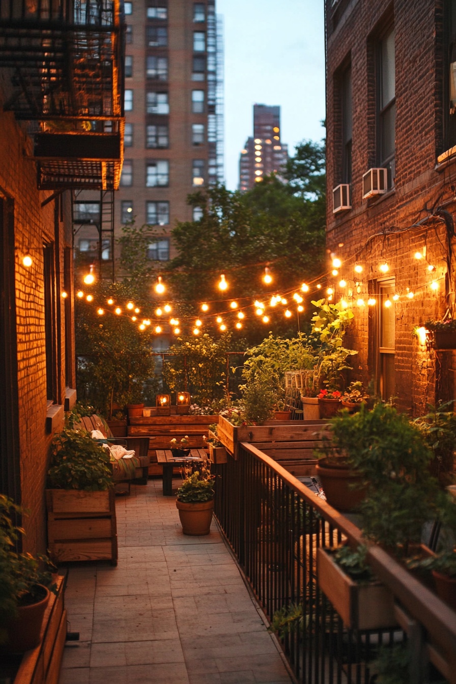 Cozy New York City apartment balcony with string li b