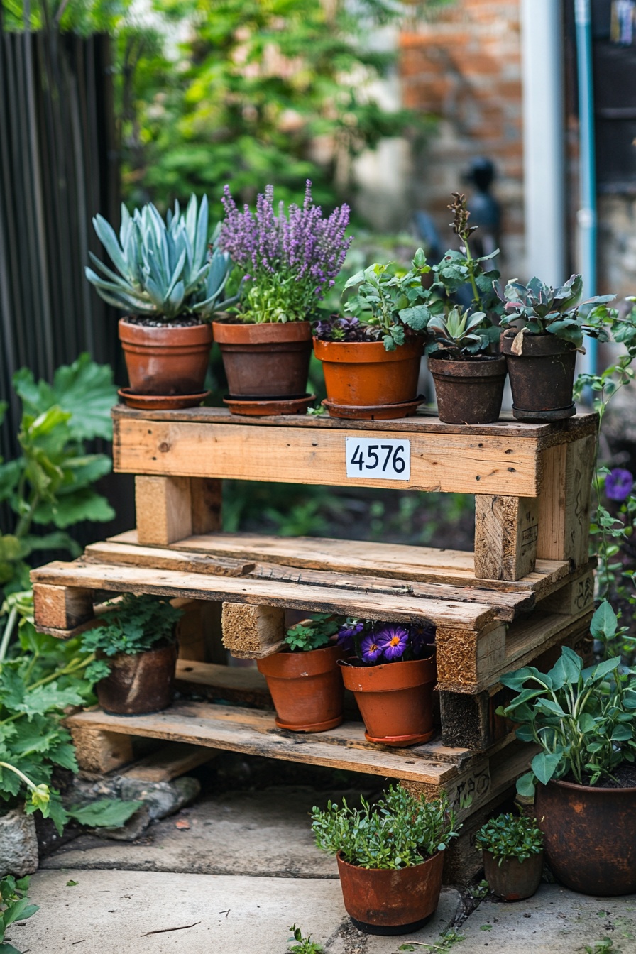 Pallet_bench_with_flower_pots_and_wooden_plants_on__