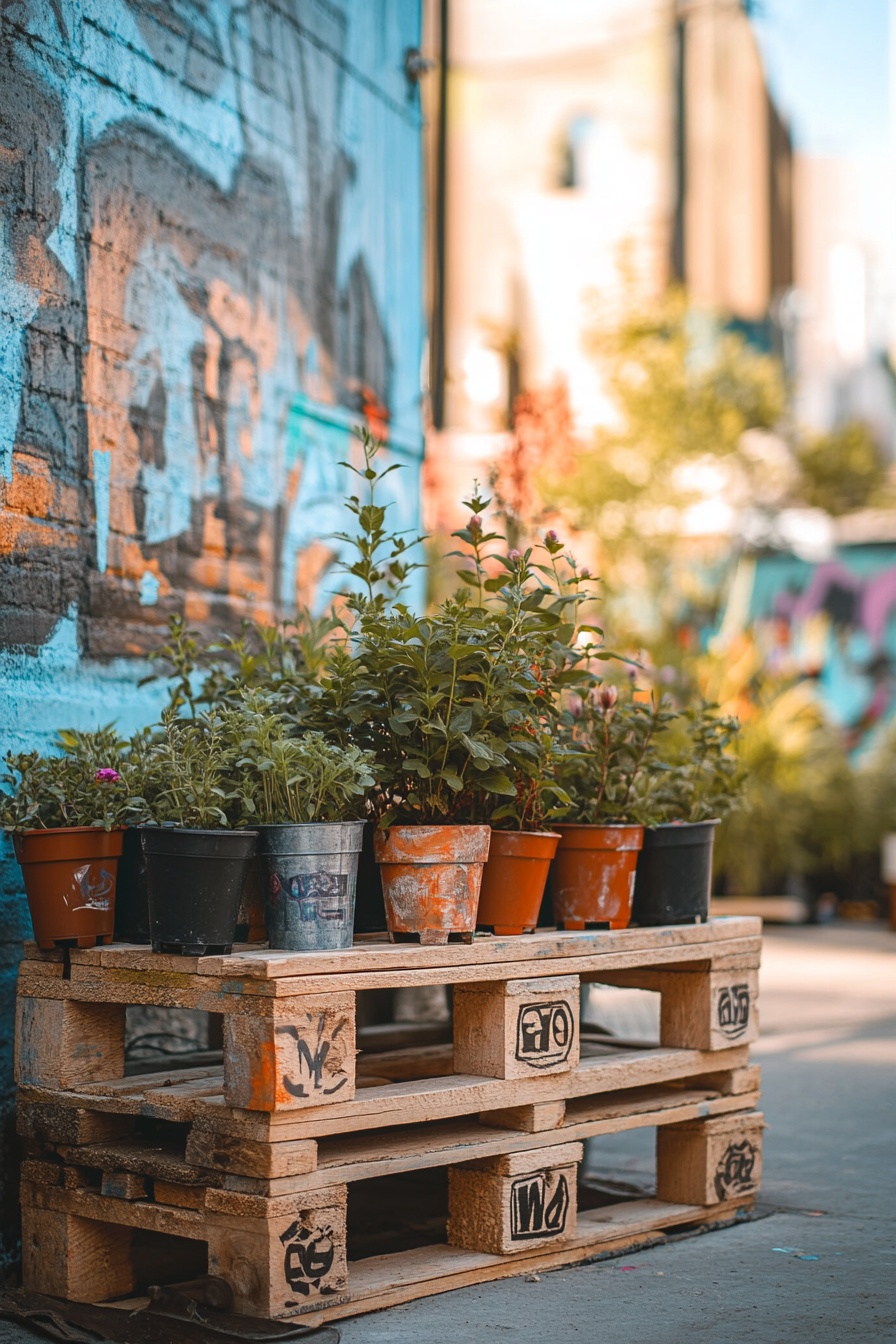 Pallet_planters_potted_plants_on_wooden_pallets_out_