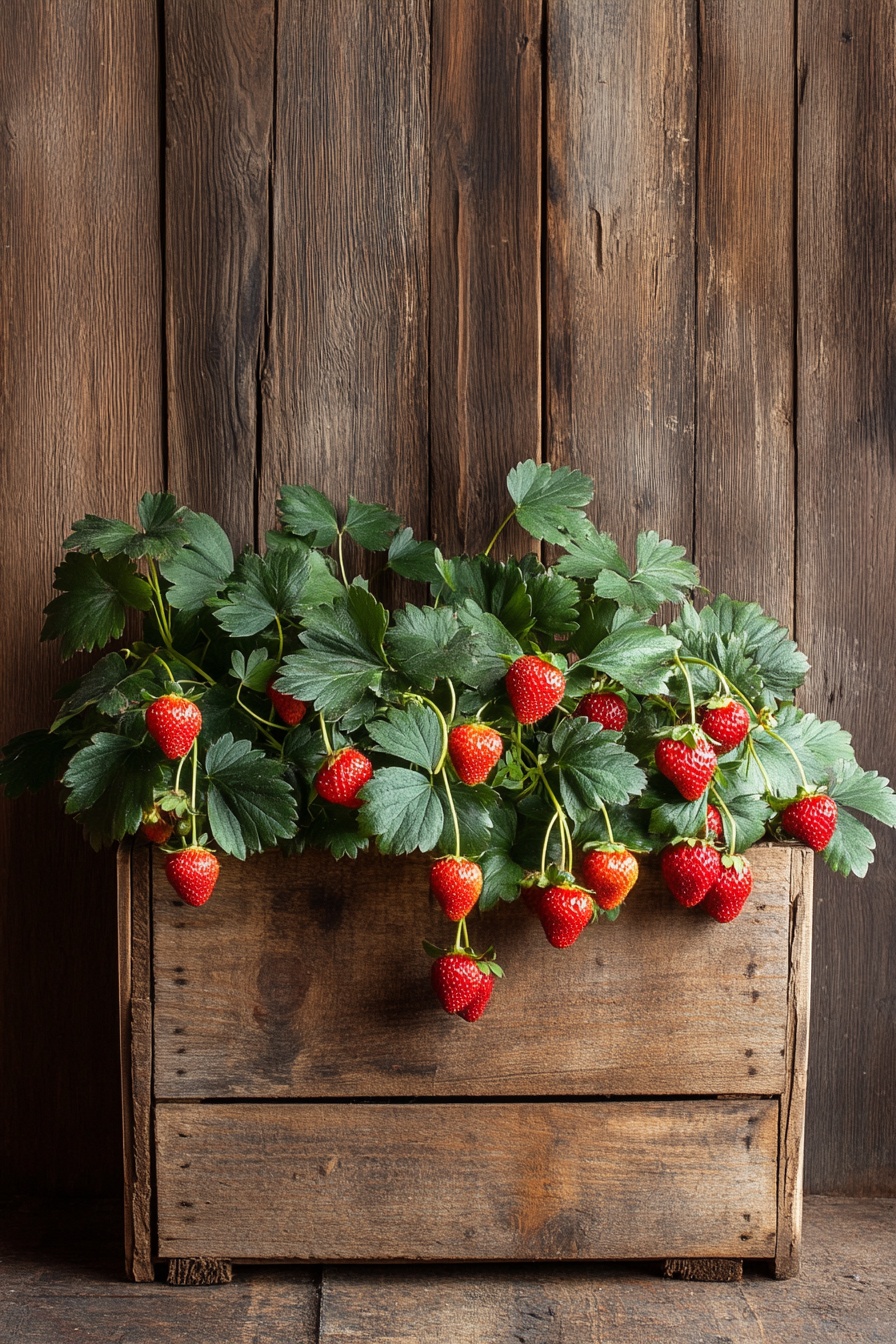 Strawberry_plants_in_a_wooden_crate_against_a_woode_