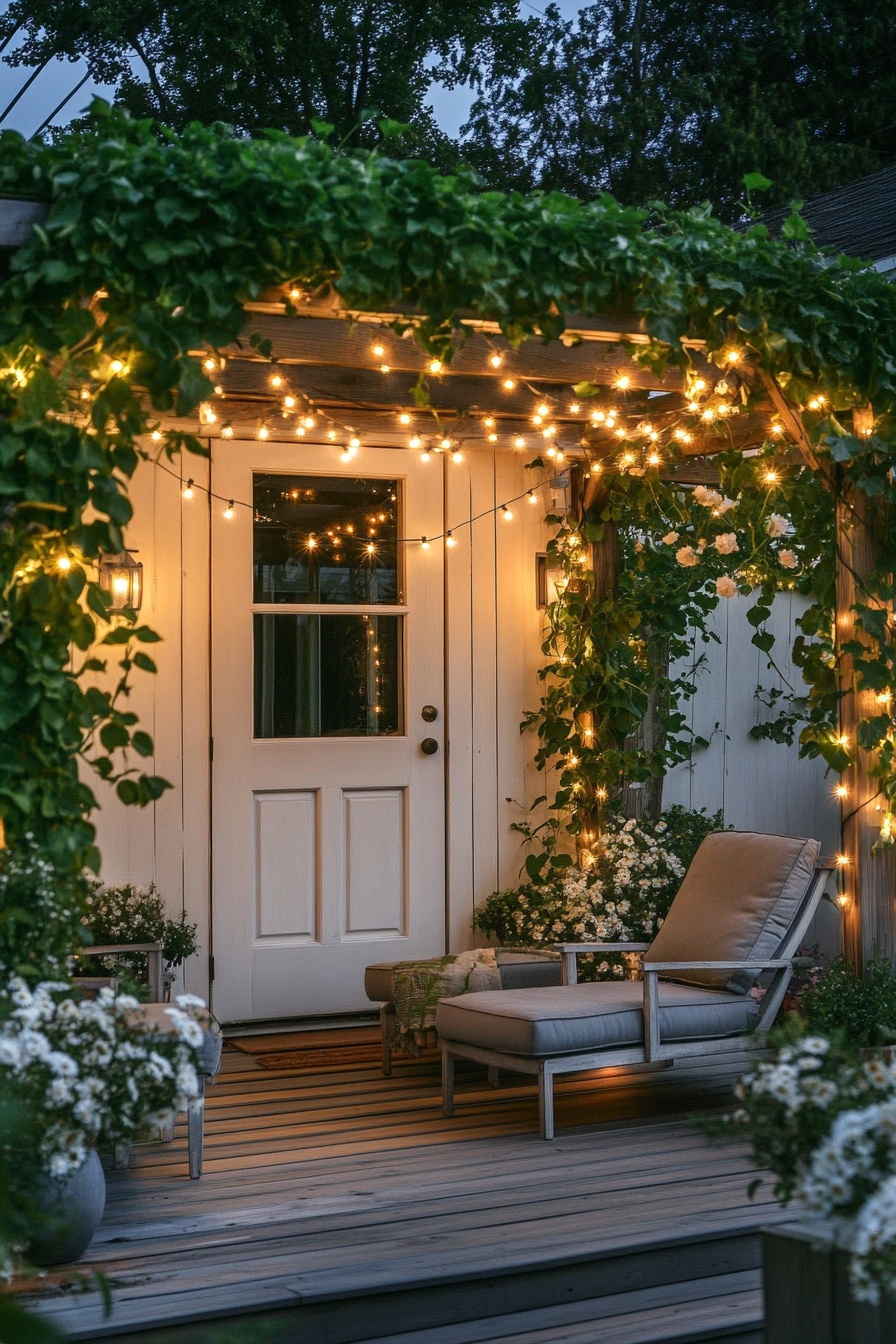 Beautiful small outdoor patio with a white wooden