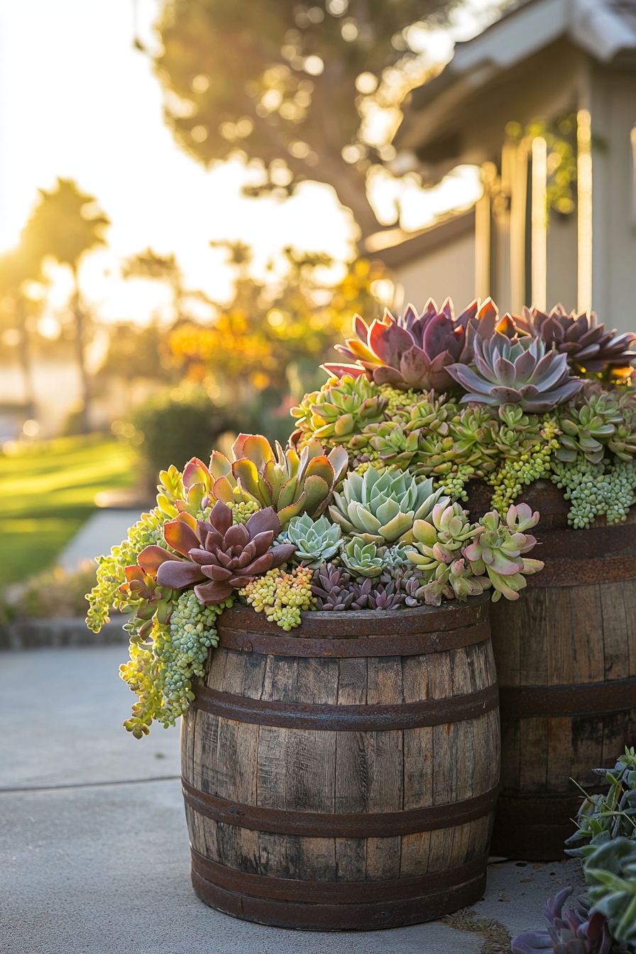 Rustic Barrel Succulent Planters